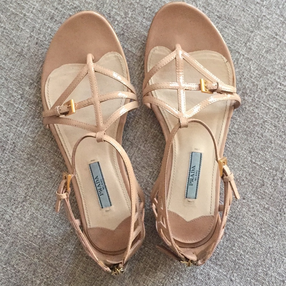 Prada flat patent blush strapped sandals
